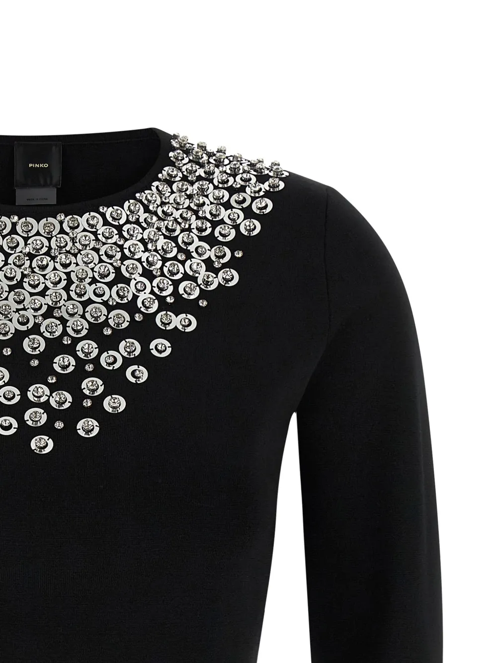 Pinko Cropped Sweater With Sequins And Crystals In Black