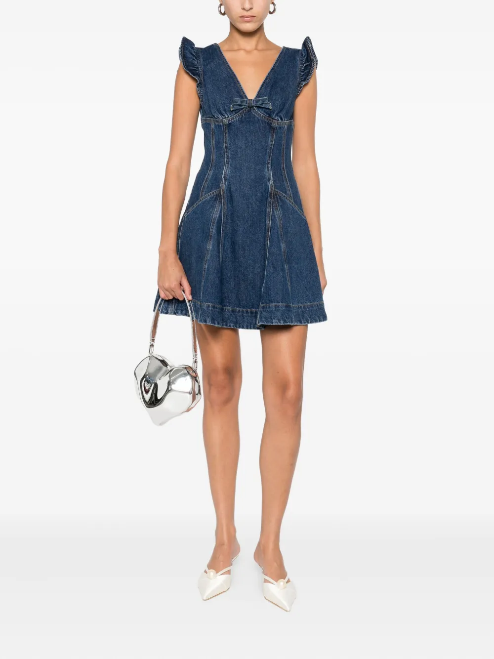 Self-Portrait ruffle-detail denim dress - Blauw