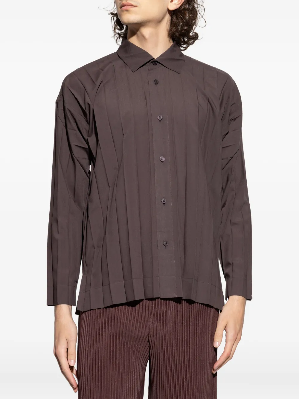 Homme Plissé Issey Miyake Edge geplooid overhemd met lange mouwen Bruin