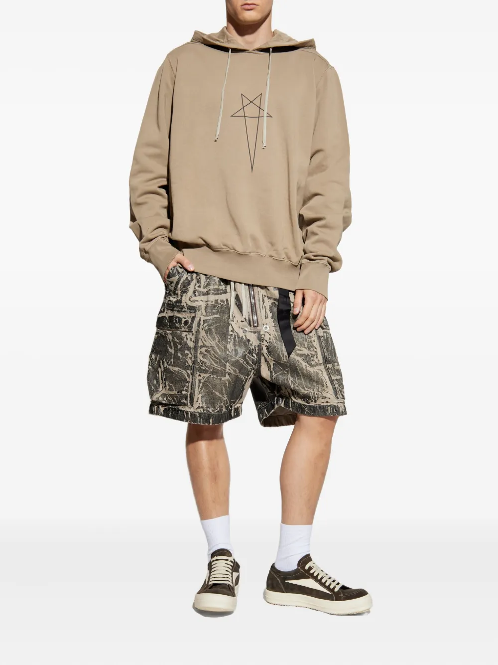 Rick Owens Drkshdw Star-embroidered Drawstring Hoodie In Brown