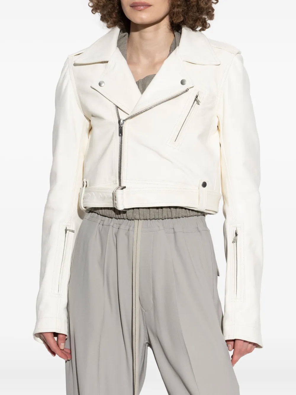 Rick Owens Belted Asymmetrical Zip Jacket In White