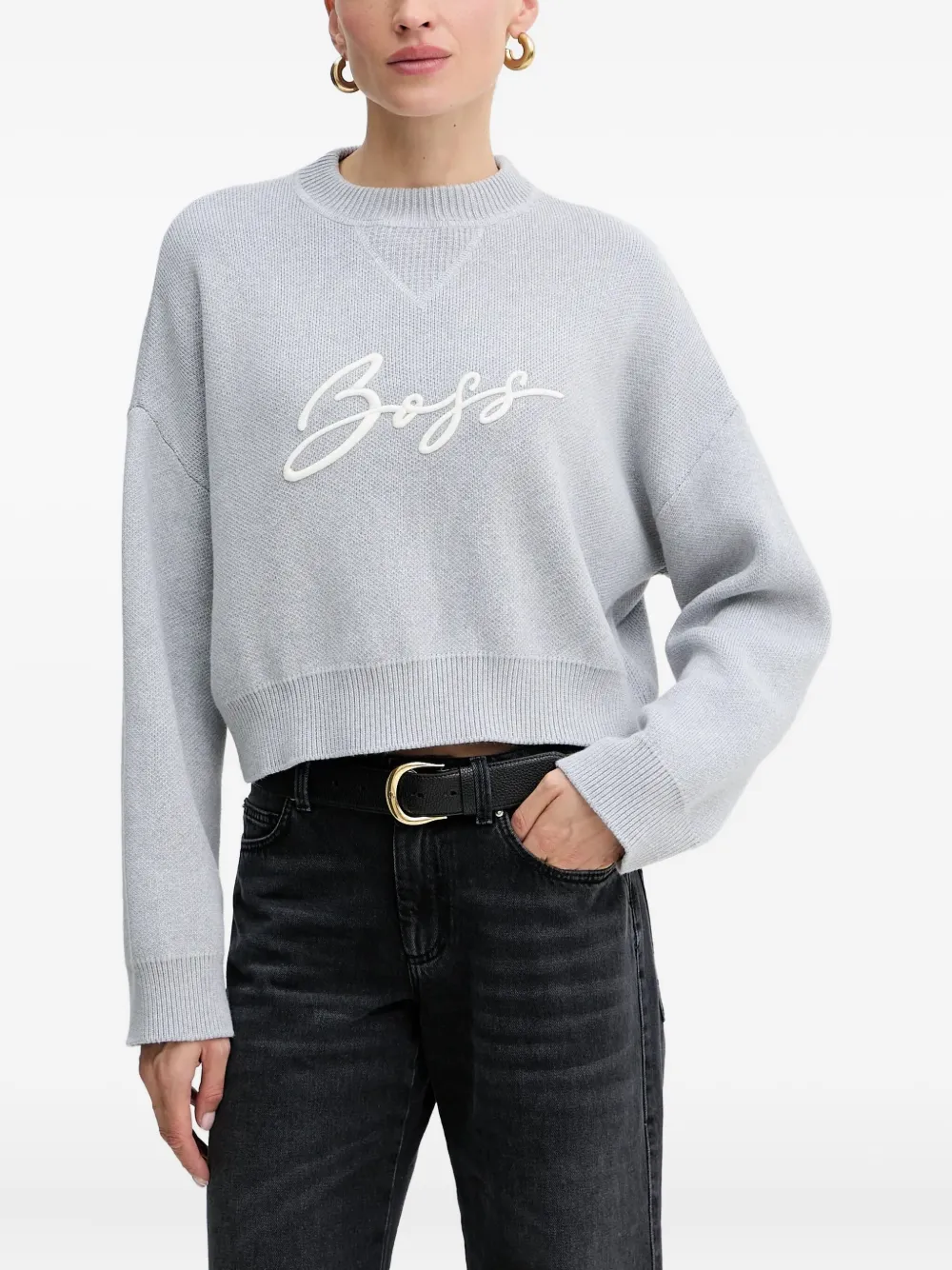 Hugo Boss Light Grey Logo Cropped Sweater In Gray
