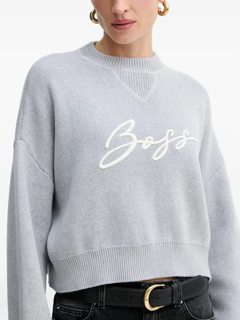 Hugo Boss Light Grey Logo Cropped Sweater In Gray