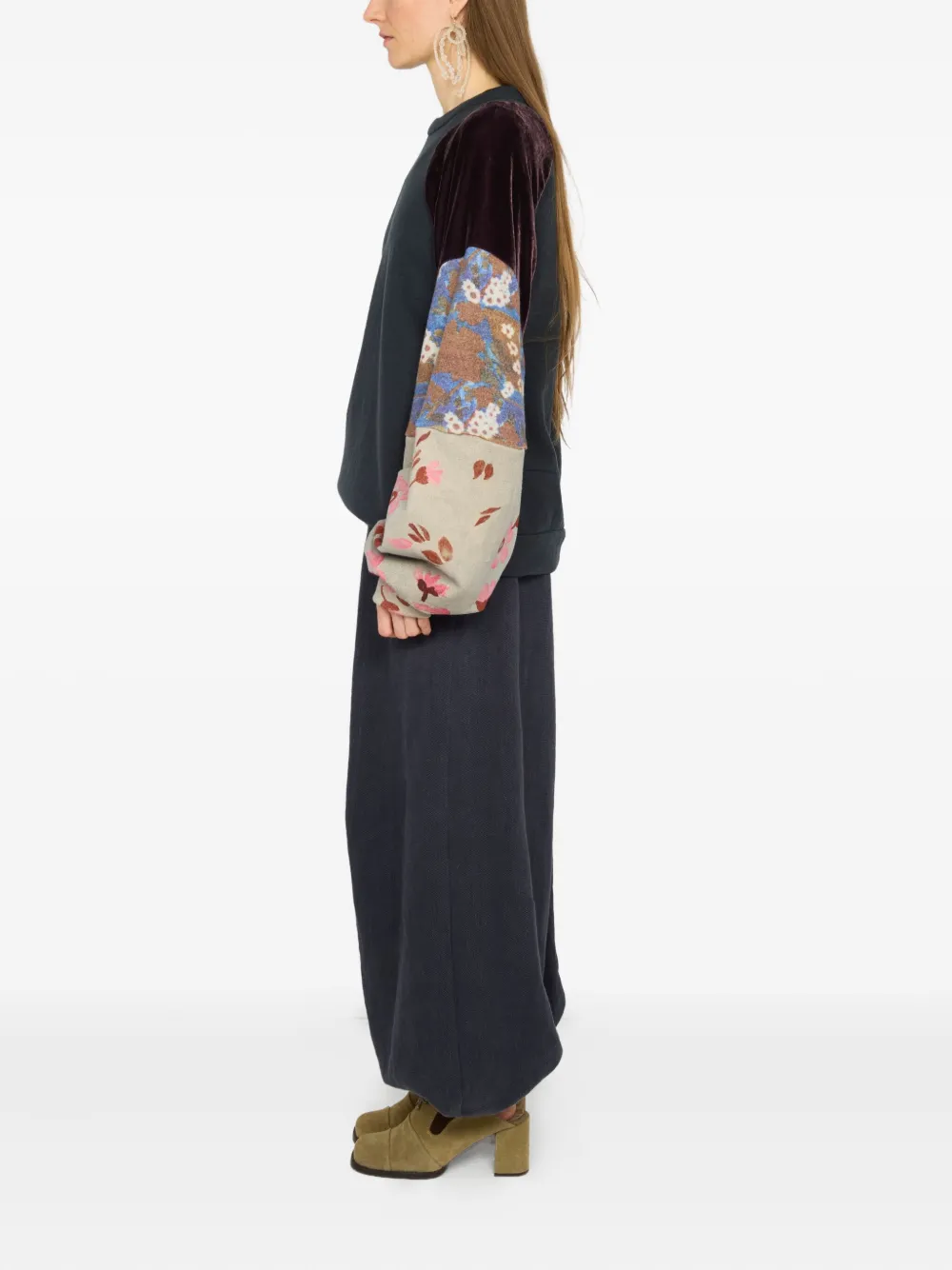 Anntian Velvet-paneled Floral-print Sweatshirt In Blue