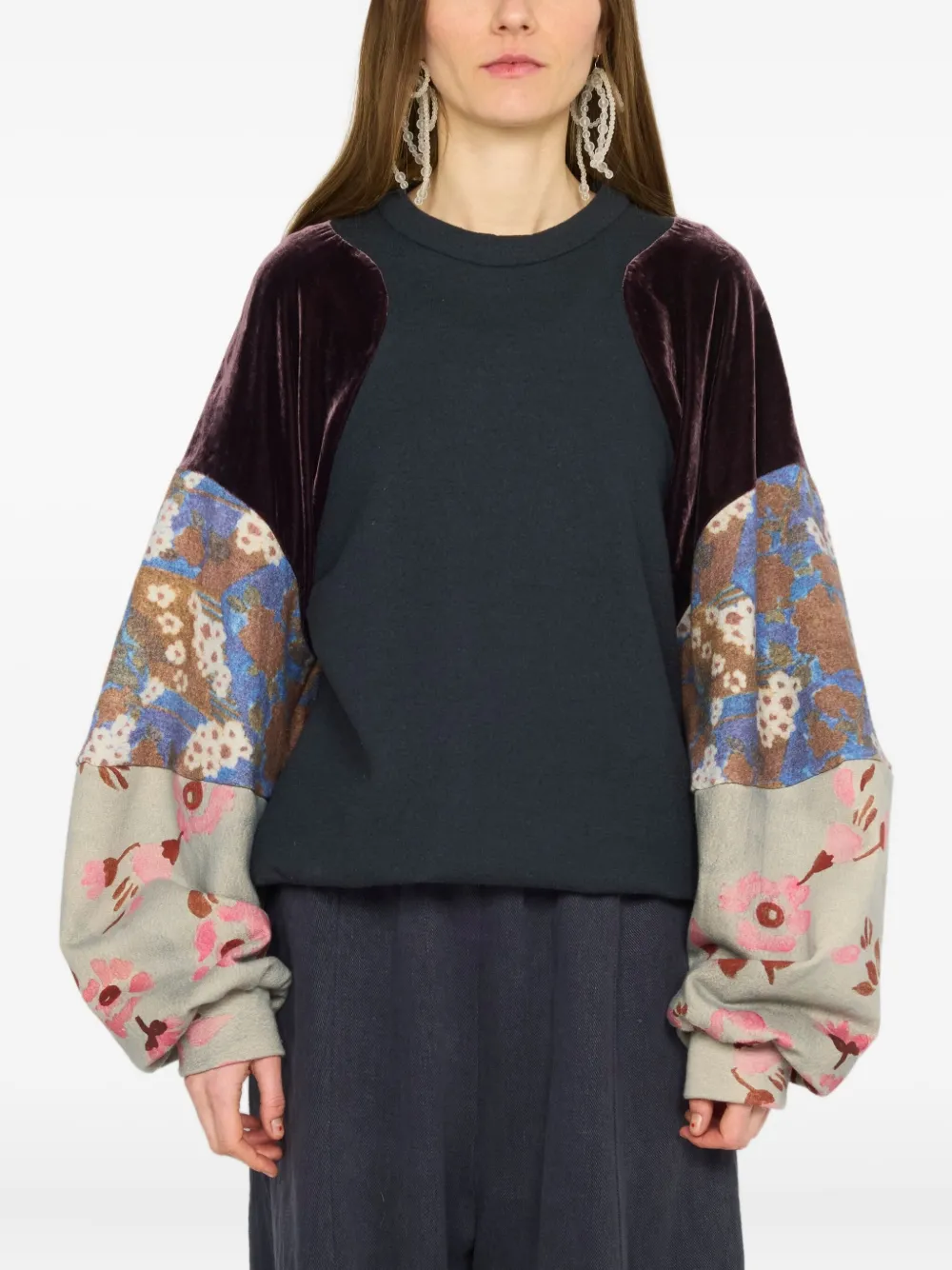 Anntian Velvet-paneled Floral-print Sweatshirt In Blue