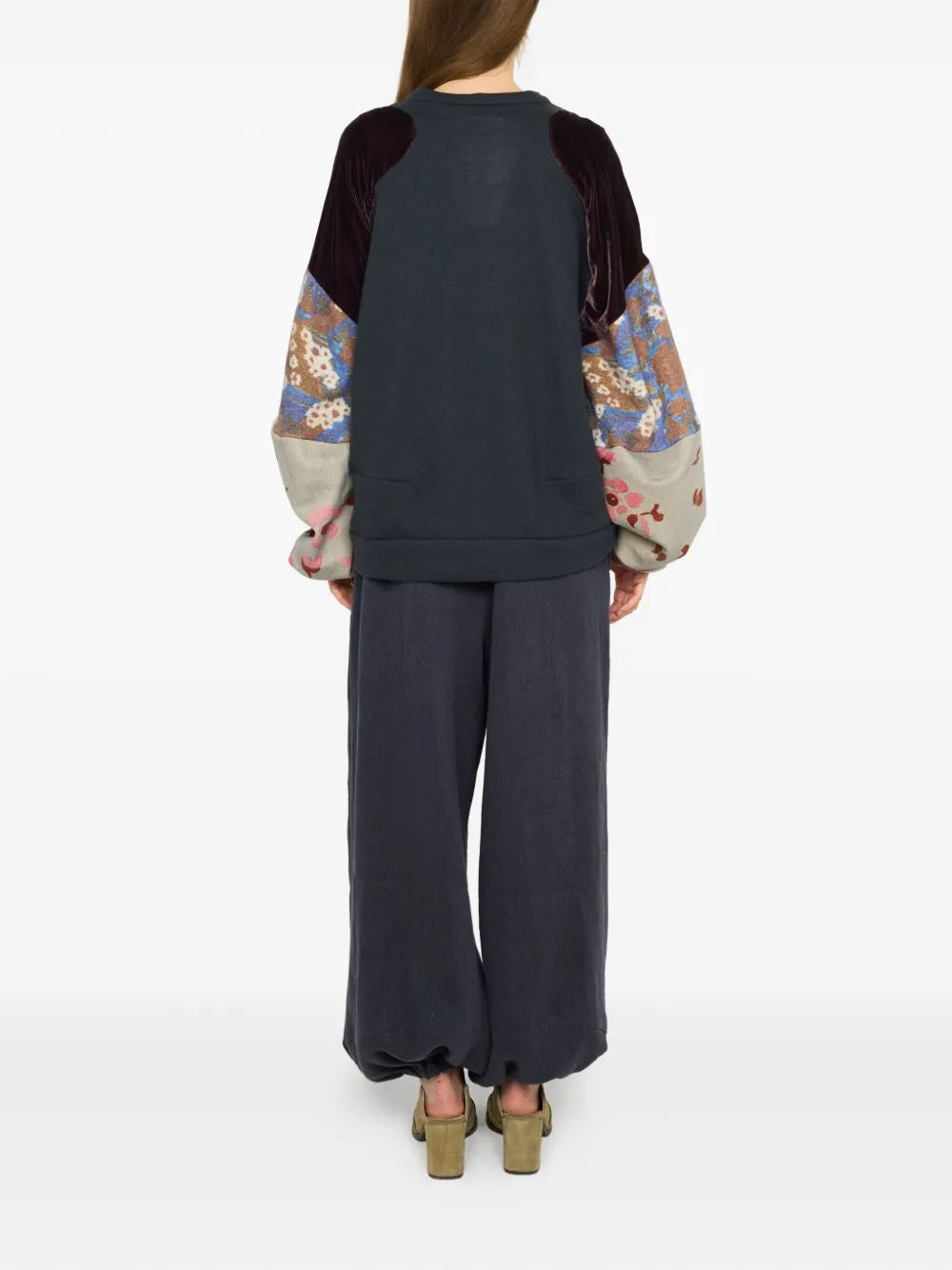 Anntian Velvet-paneled Floral-print Sweatshirt In Blue