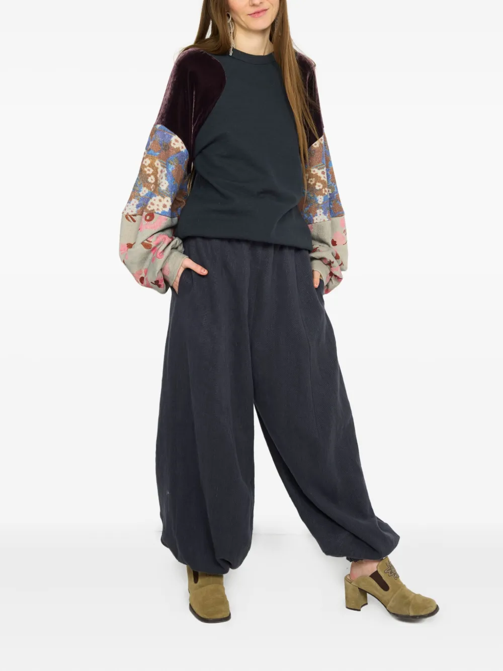 Anntian Velvet-paneled Floral-print Sweatshirt In Blue
