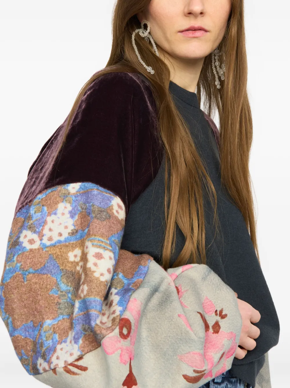 Anntian Velvet-paneled Floral-print Sweatshirt In Blue