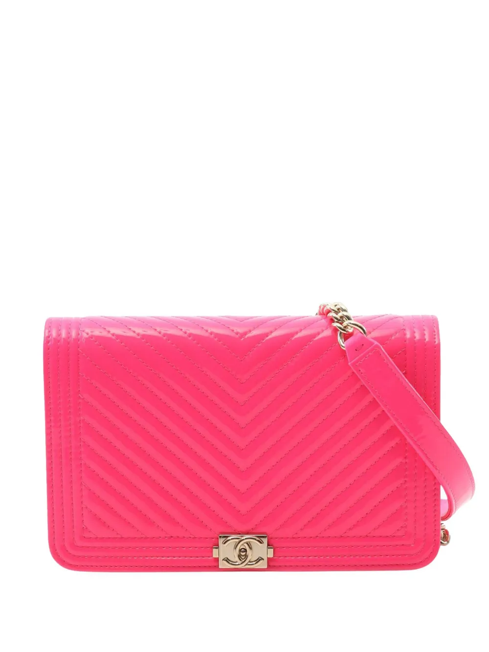 CHANEL Pre-Owned 2021-2025 Chevron Quilted Patent Boy Wallet On Chain crossbody bag | Pink | Image 1