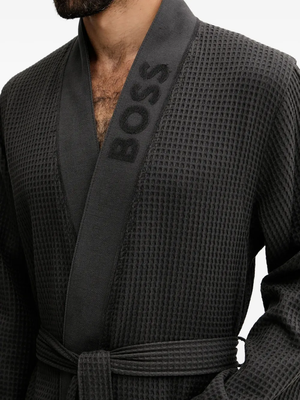 BOSS Wafelgebreide badjas met ceintuur Grijs