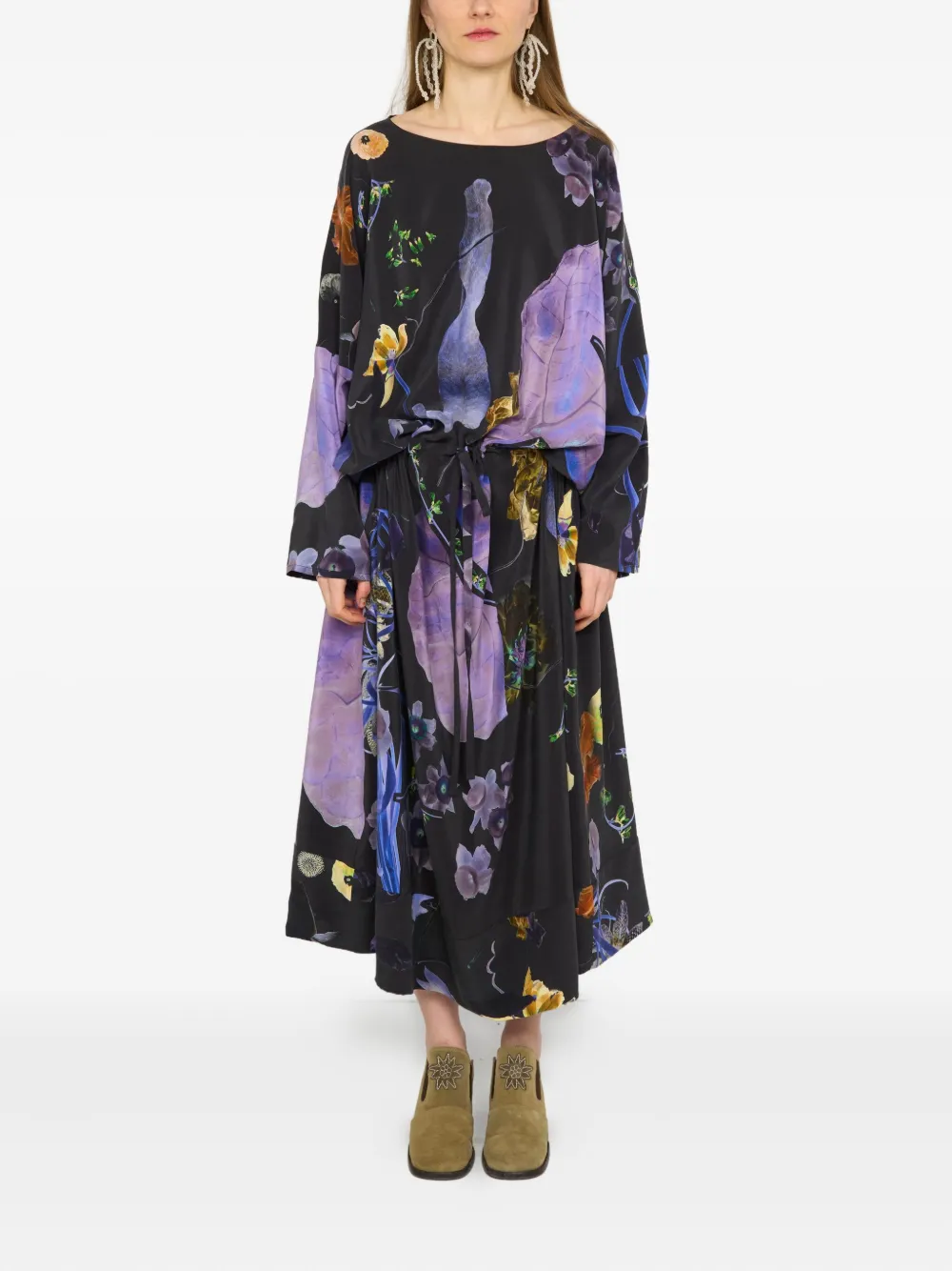 Anntian floral-print drawstring silk midi dress | Purple | Image 1