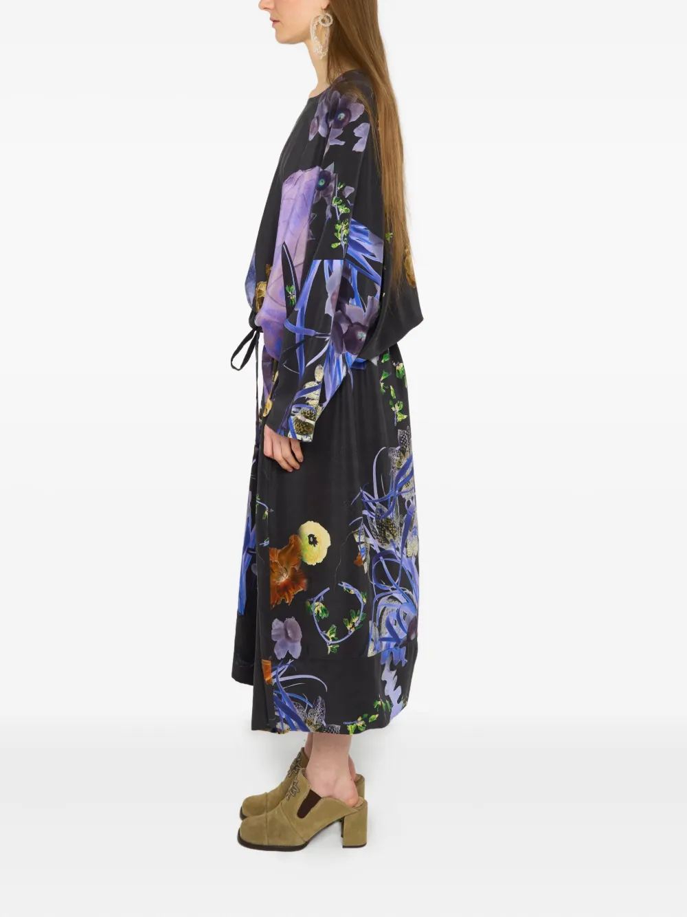 Anntian Floral-print Drawstring Silk Midi Dress In Purple