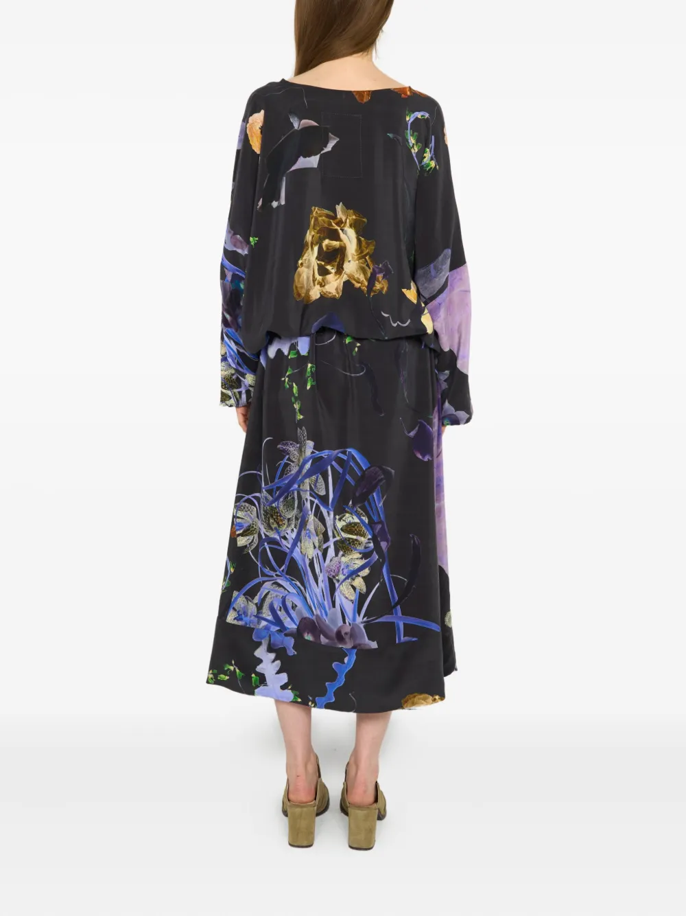 Anntian Floral-print Drawstring Silk Midi Dress In Purple