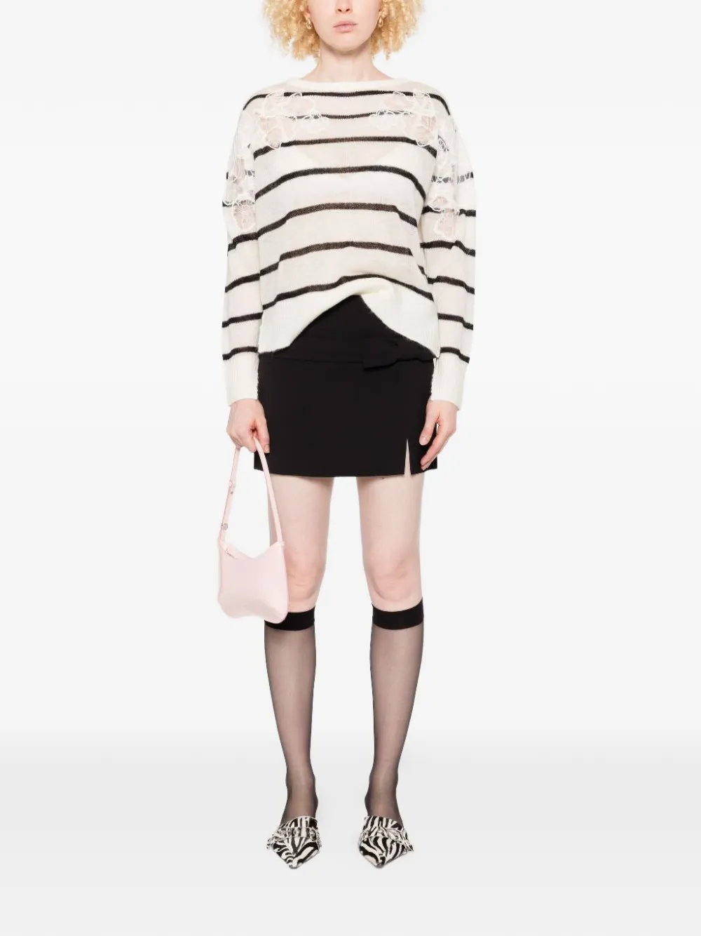 lace-embellished striped sweater