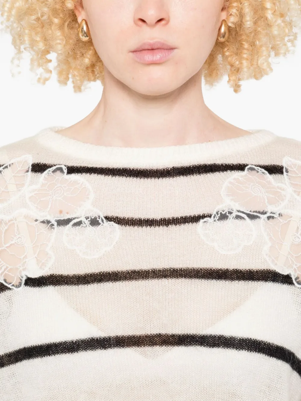 lace-embellished striped sweater