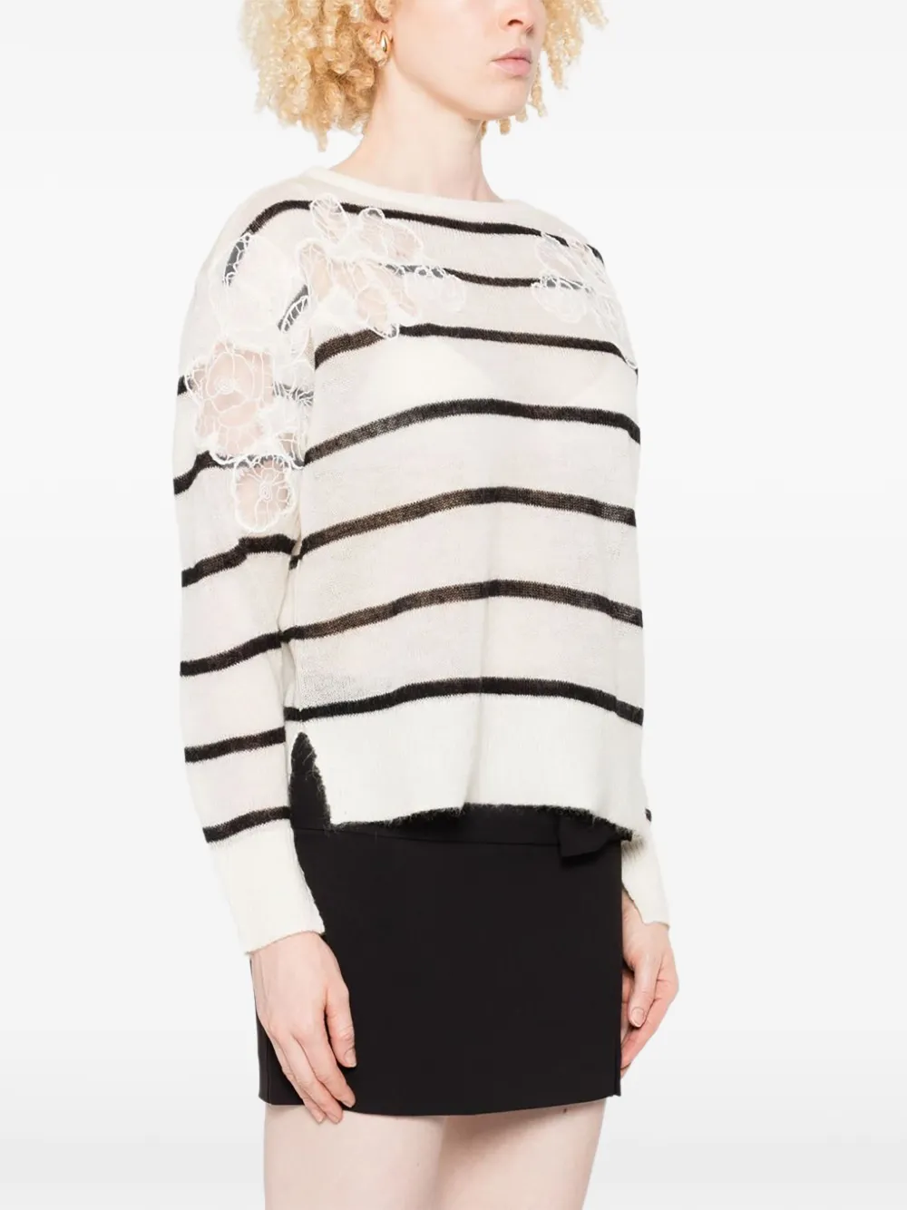 lace-embellished striped sweater