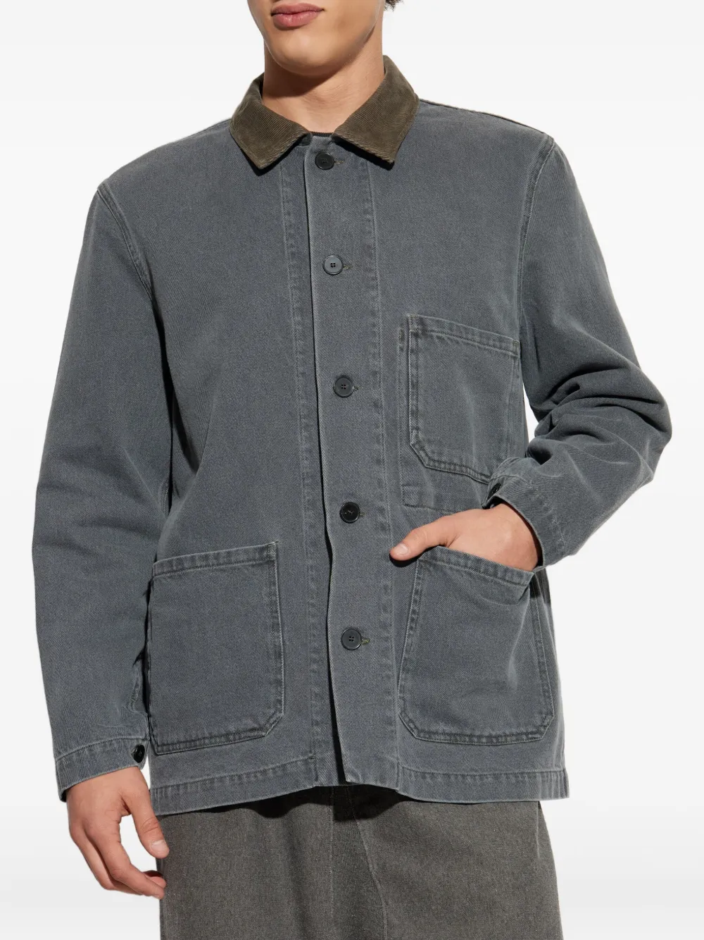 Officine Generale Denim shirtjack met ribfluwelen kraag Grijs