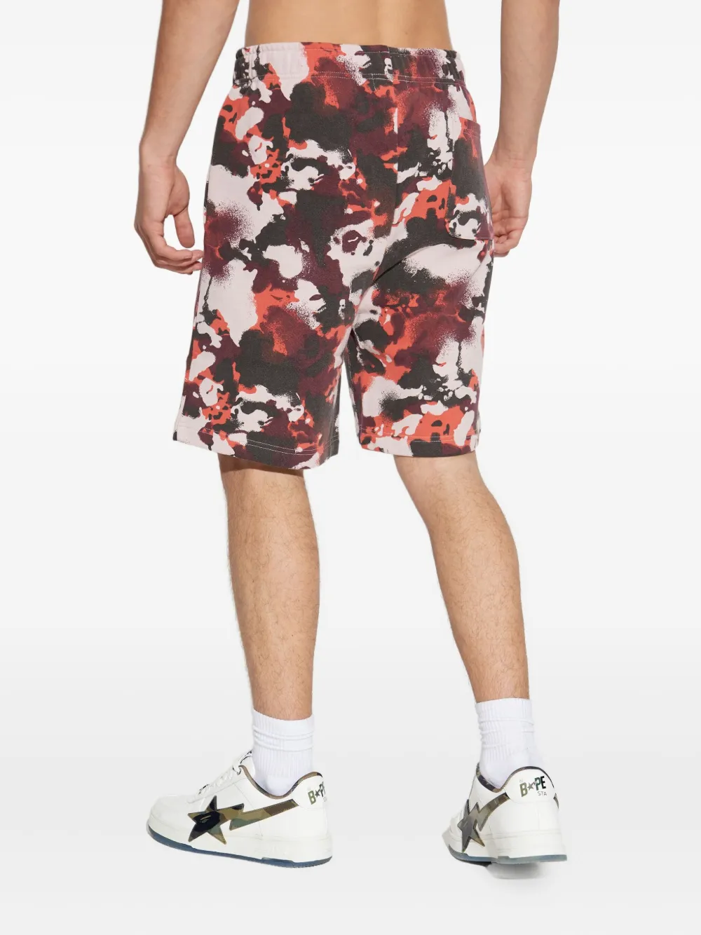 A Bathing Ape Mens Red Shark-graphic Camo Cotton-jersey Sweat Shorts In Brown