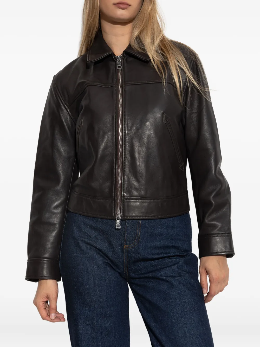 Officine Generale Leren jack met rits Bruin