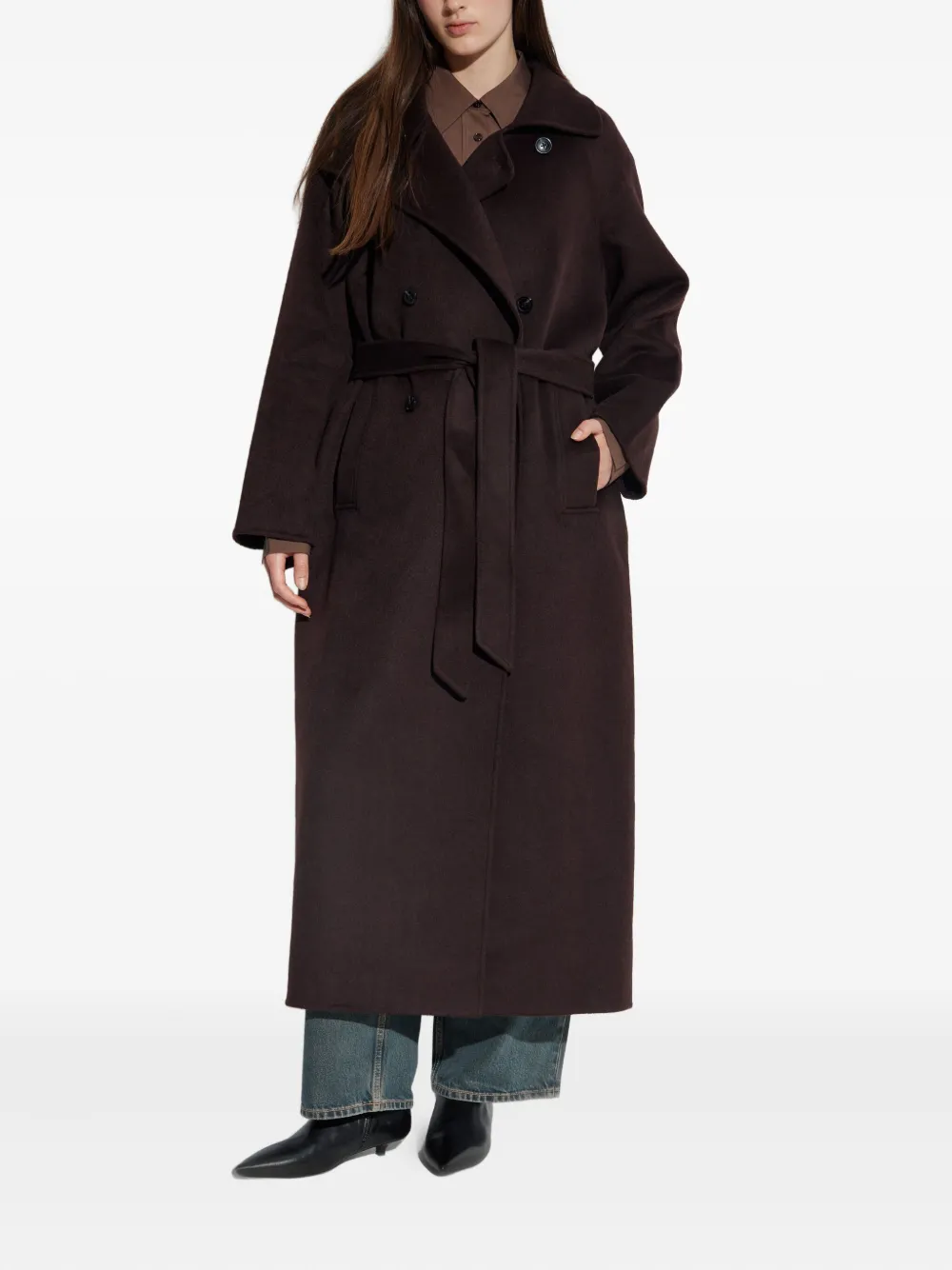 Samsoe & Samsoe Belted Double-breasted Coat In Brown
