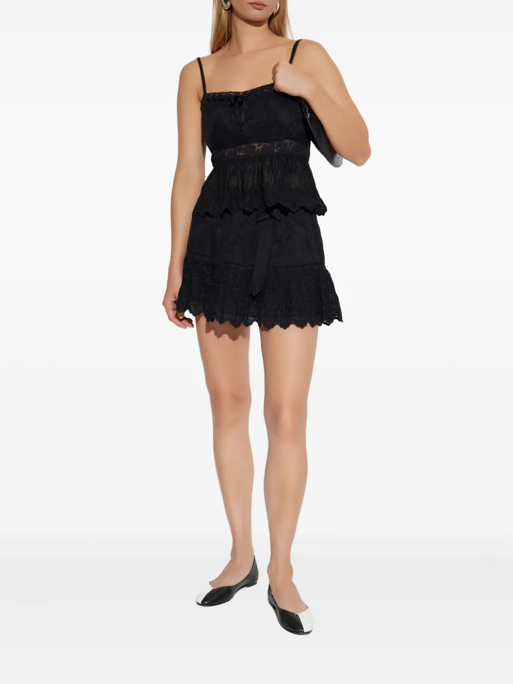 LoveShackFancy embroidered ruffled skirt - Zwart