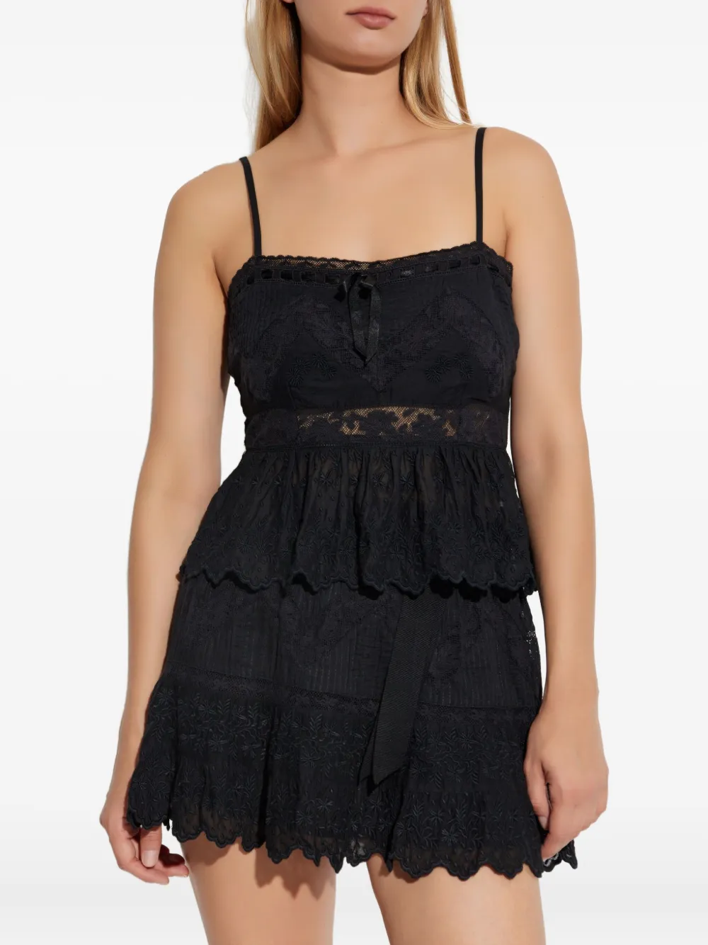 Loveshackfancy Embroidered Ruffled Top In Black