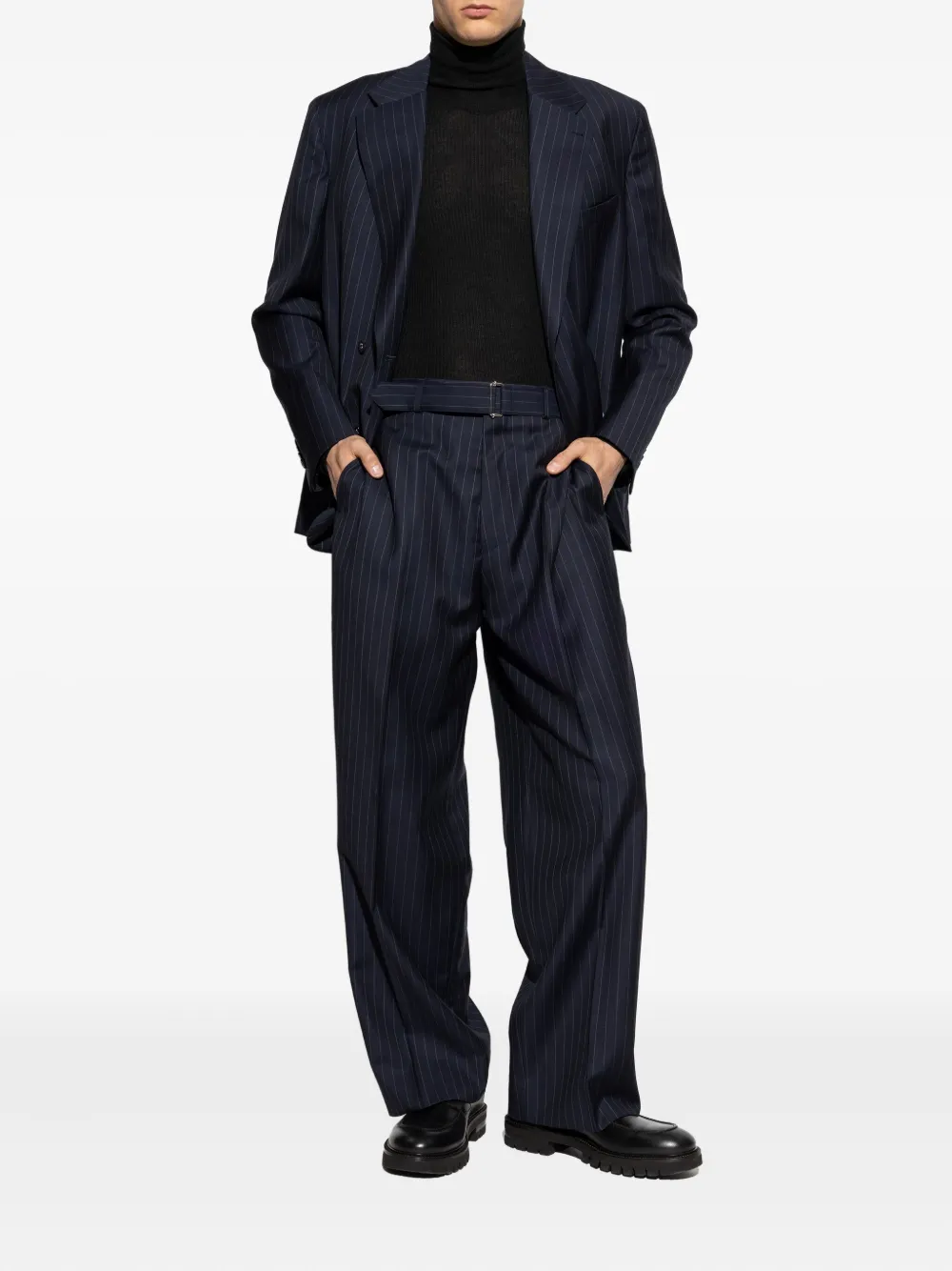 Officine Generale pinstripe belted trousers - Blauw
