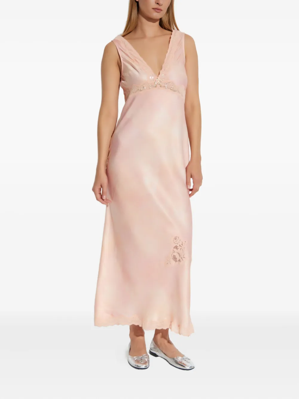 LoveShackFancy Bier zijden jurk verfraaid met kant Roze