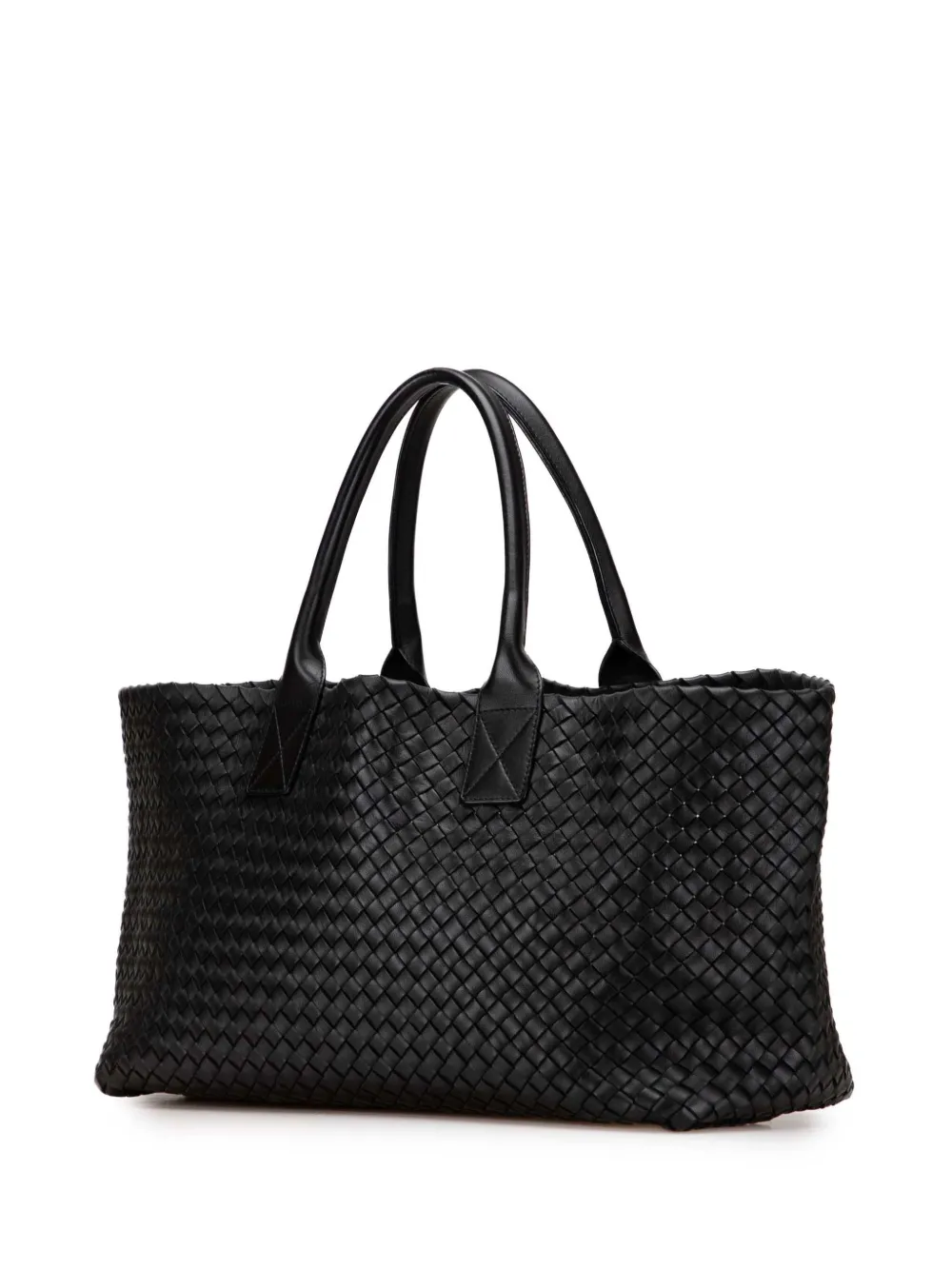 Pre-owned Bottega Veneta 2012-2025 Medium Lambskin Intreccio Cabat Tote Bag In Black