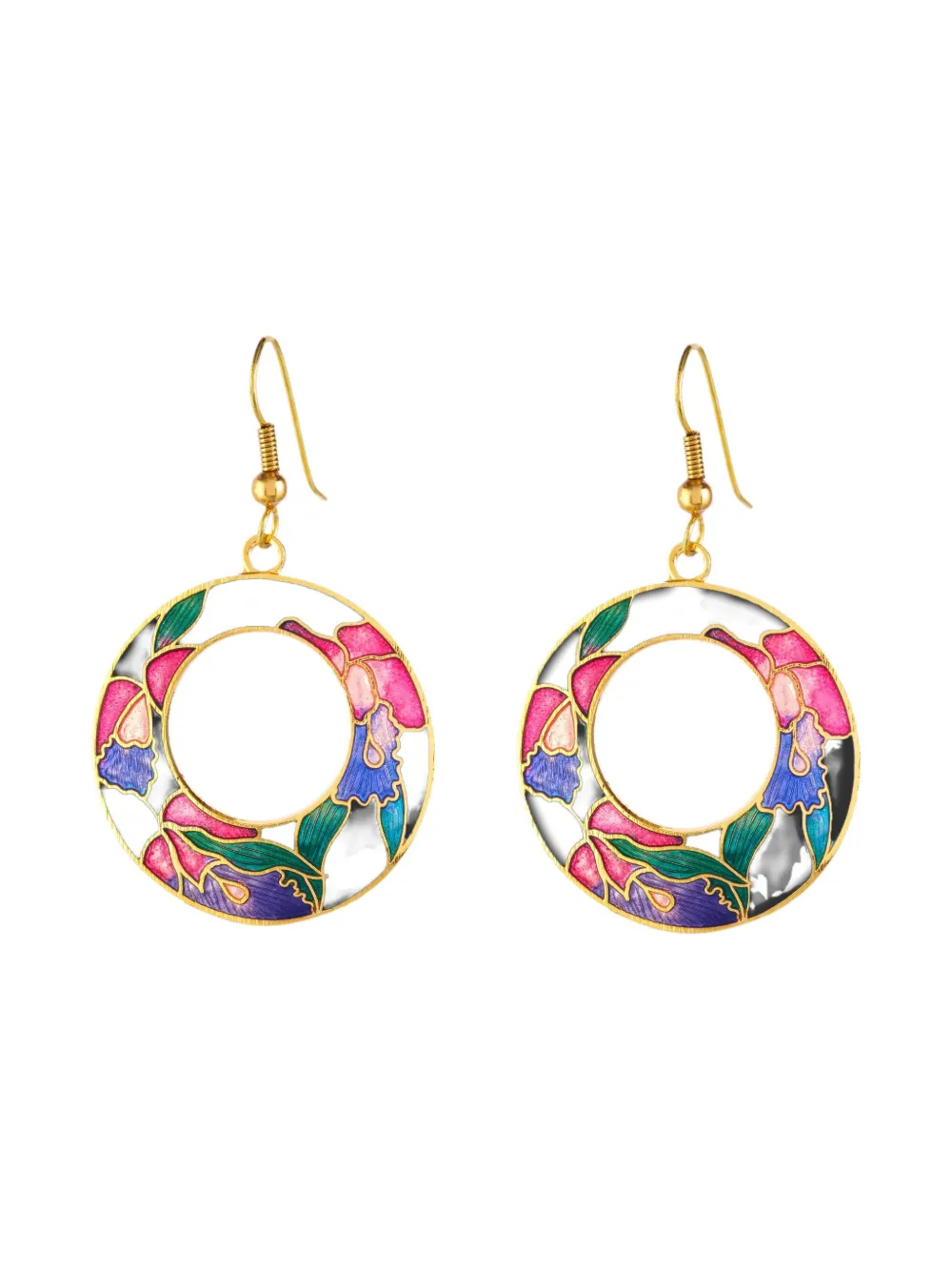 Pre-owned Susan Caplan Vintage 1980s Floral-enamel Cloisonné Earrings In Gold