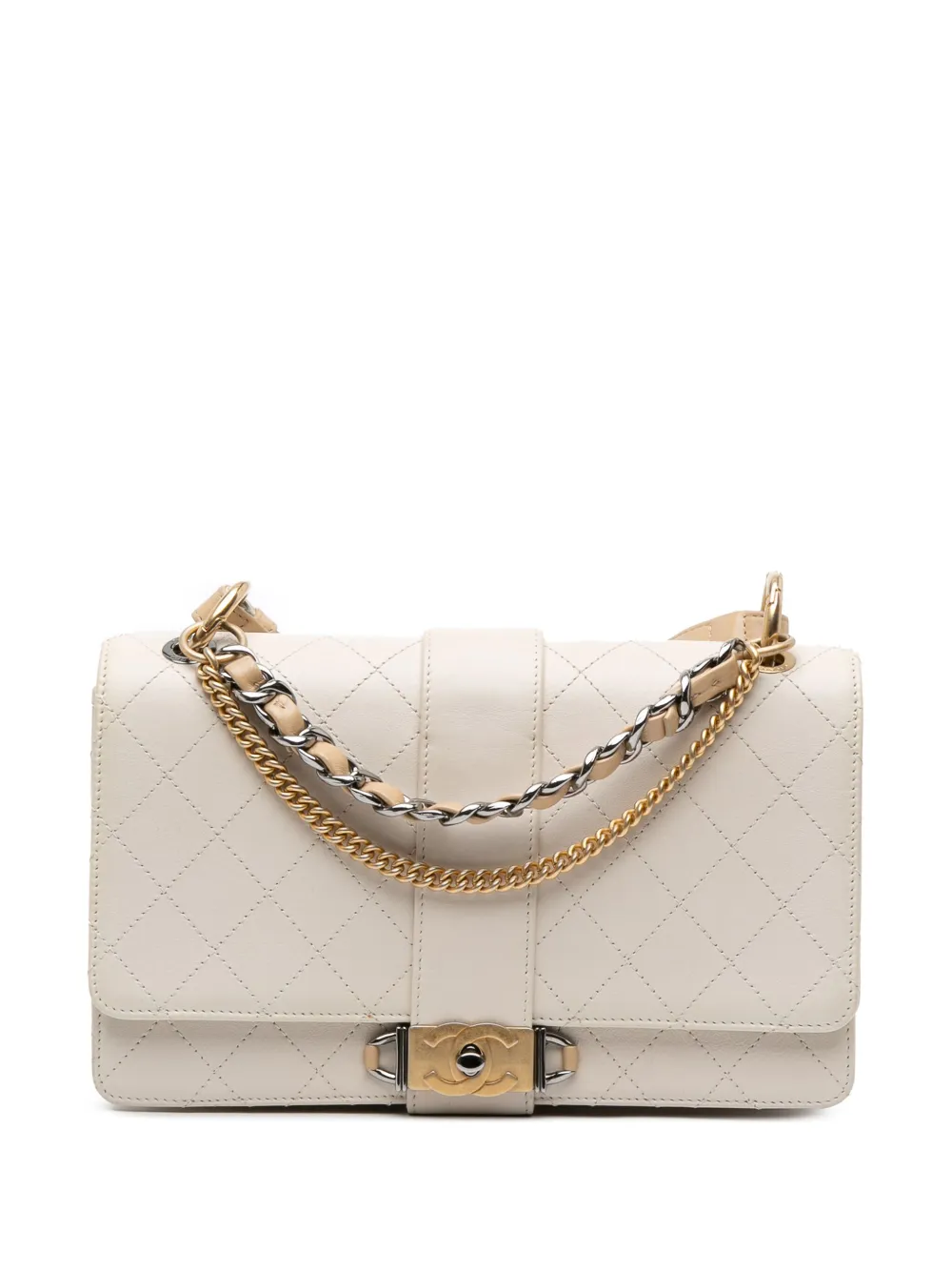 CHANEL Pre-Owned 2018-2019 CC Stitched Calfskin Chain Flap satchel | White | Image 1