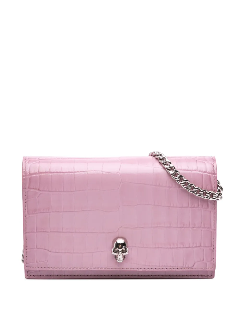 Pre-owned Alexander Mcqueen 2010-2025 Small Crocodile Embossed Calfskin Skull Crossbody Bag In Pink