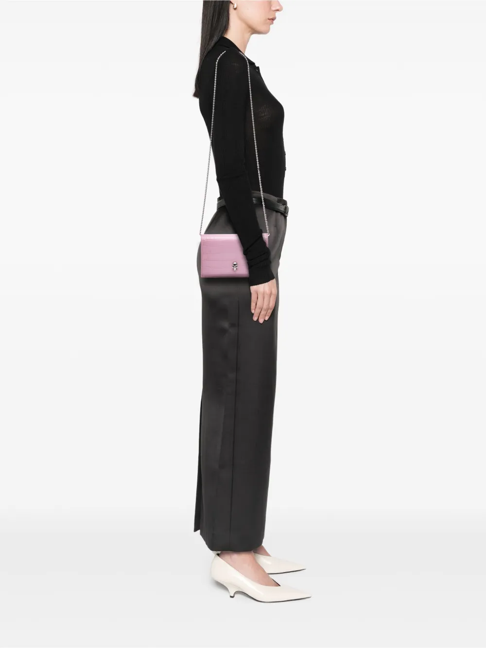Pre-owned Alexander Mcqueen 2010-2025 Small Crocodile Embossed Calfskin Skull Crossbody Bag In Pink