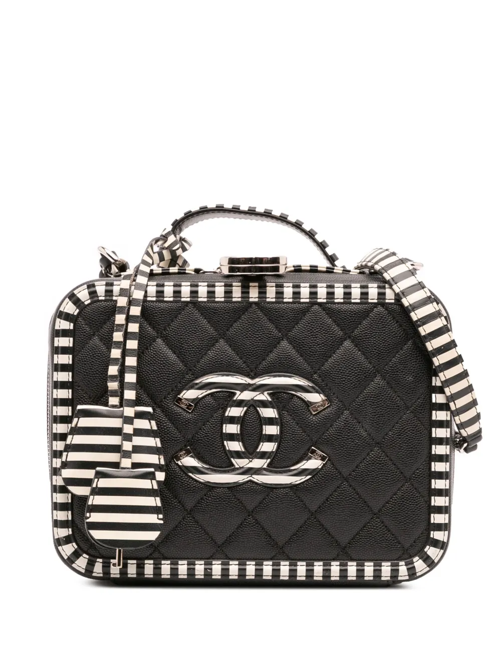 CHANEL Pre-Owned 2019 スモール キャビア ストライプ ココマーク フィリグリー ケース バニティバッグ - ブラック CHANEL Pre-Owned 2019 スモール キャビア ストライプ ココマーク フィリグリー ケース バニティバッグ - ブラック