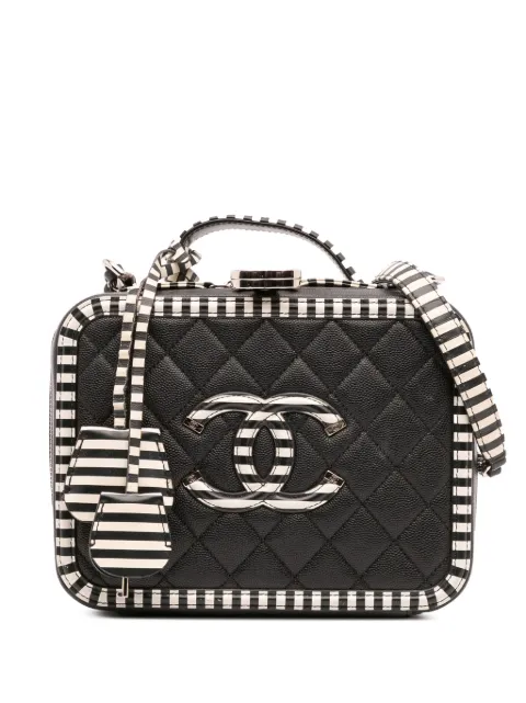 CHANEL Pre-Owned cosmetiquera Case en filigrama de piel caviar a rayas con logo CC 2019