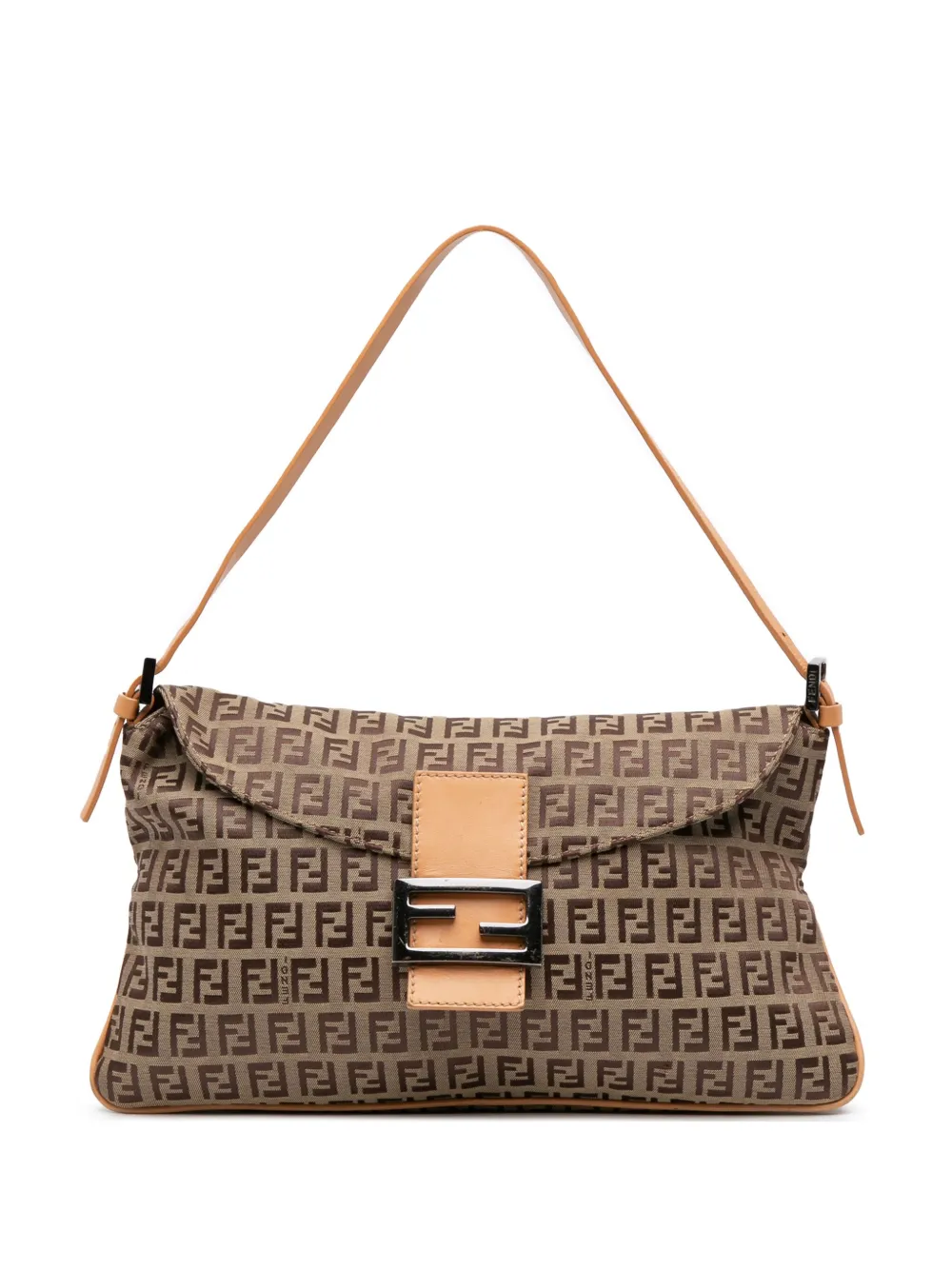 Pre-owned Fendi 2000-2010 Zucchino Canvas Double Flap Shoulder Bag In Brown