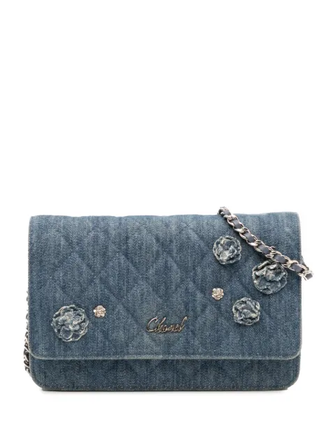 CHANEL Pre-Owned 2019 Quilted Denim Camellia Wallet On Chain Denim crossbody bag
