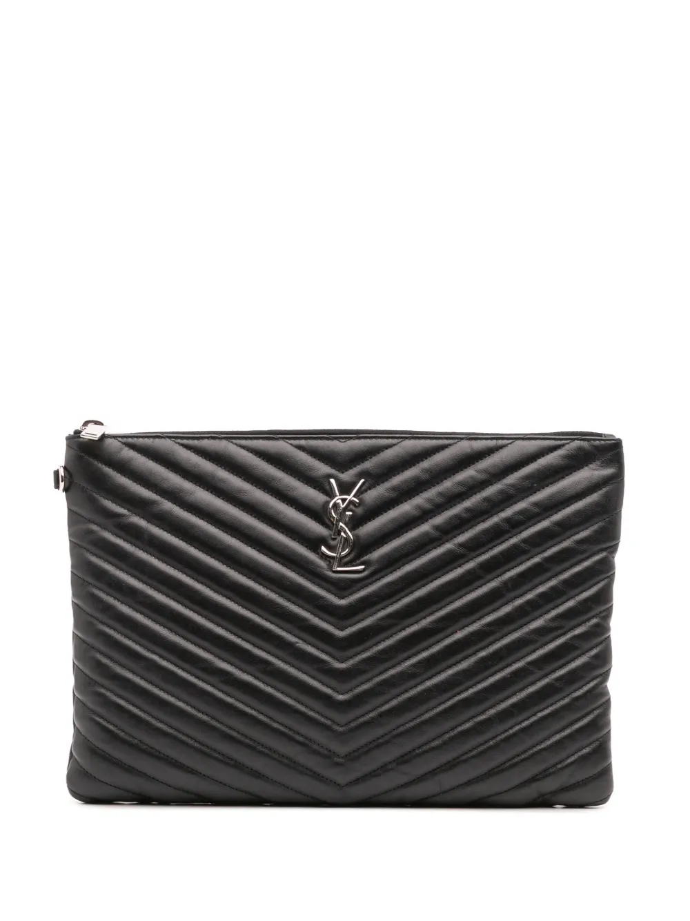 Pre-owned Saint Laurent 2018 Calfskin Matelasse Monogram Document Holder Clutch Bag In Black