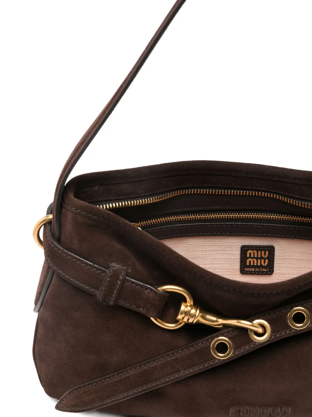 Miu Suède schoudertas met haaksluiting Bruin