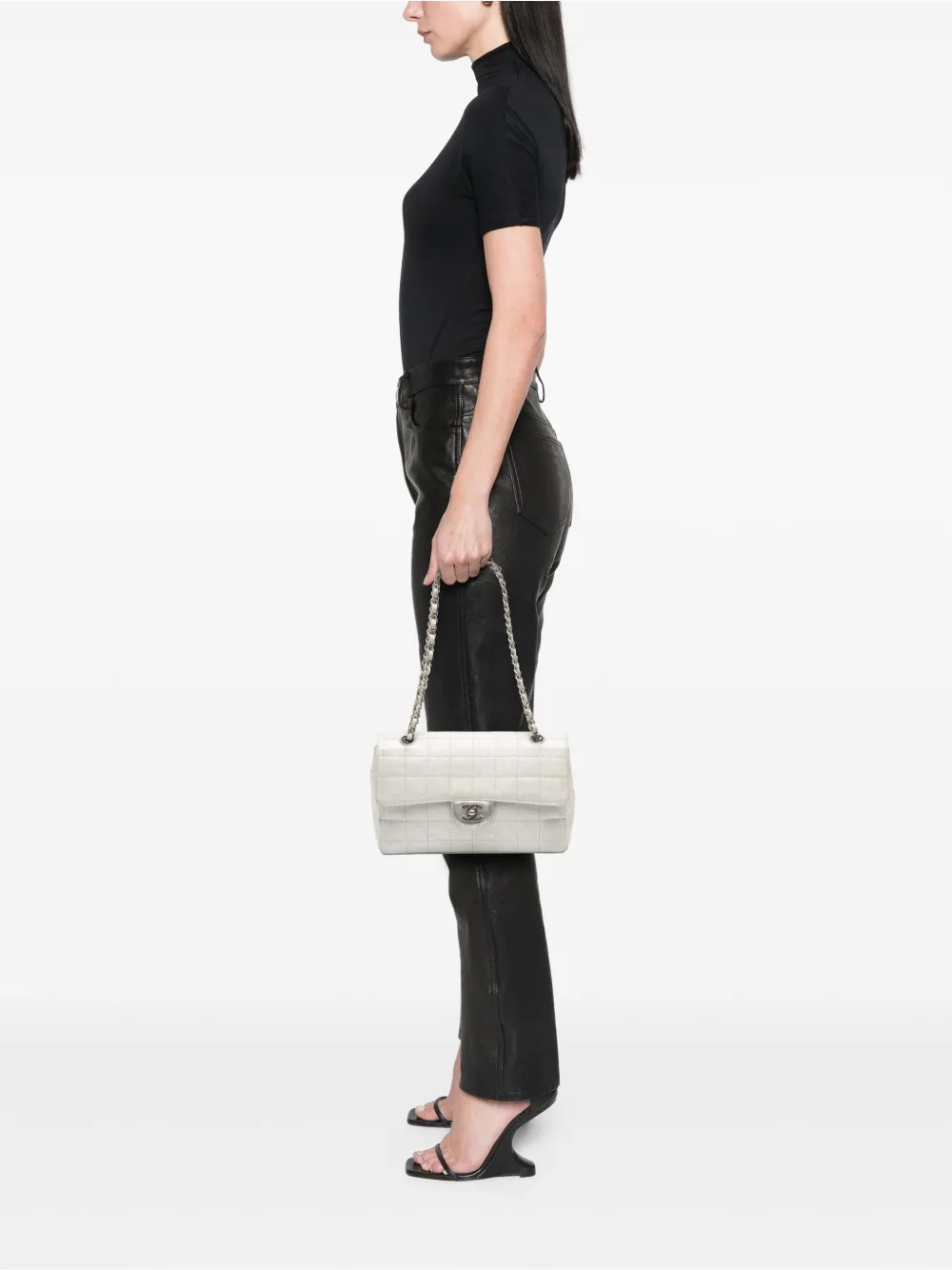 Pre-owned Chanel 2000-2002 New Travel Line Medium Metallic Nylon Single Flap Shoulder Bag In Silver