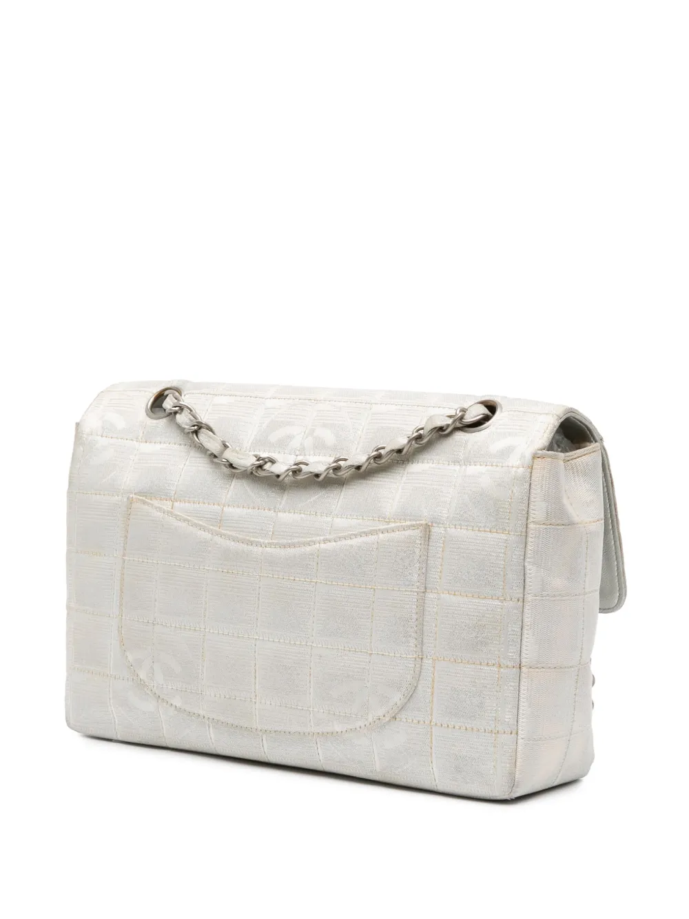Pre-owned Chanel 2000-2002 New Travel Line Medium Metallic Nylon Single Flap Shoulder Bag In Silver
