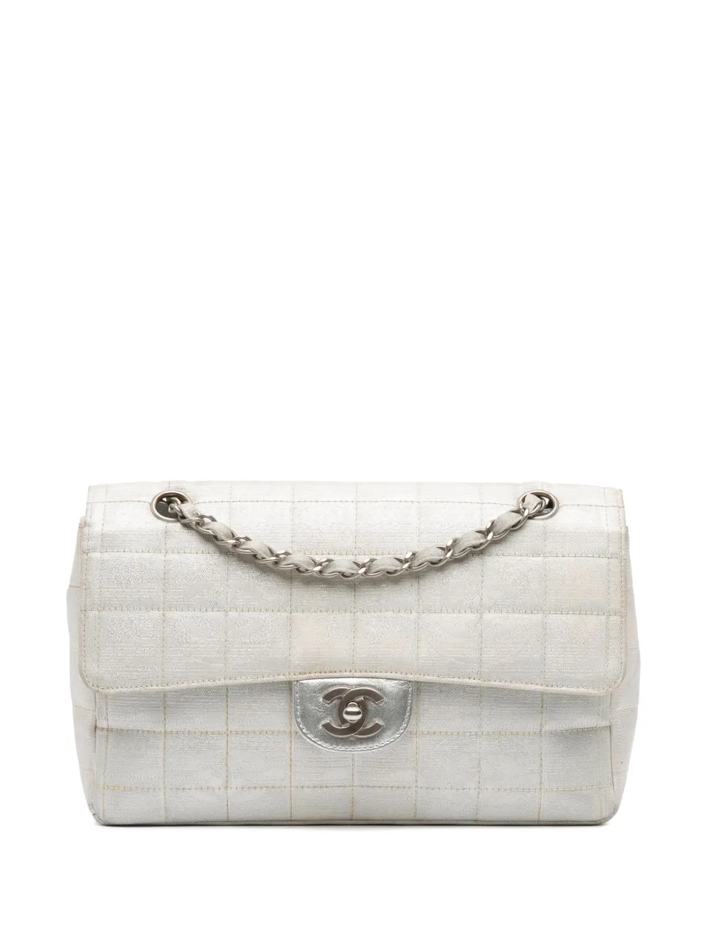 Pre-owned Chanel 2000-2002 New Travel Line Medium Metallic Nylon Single Flap Shoulder Bag In Silver