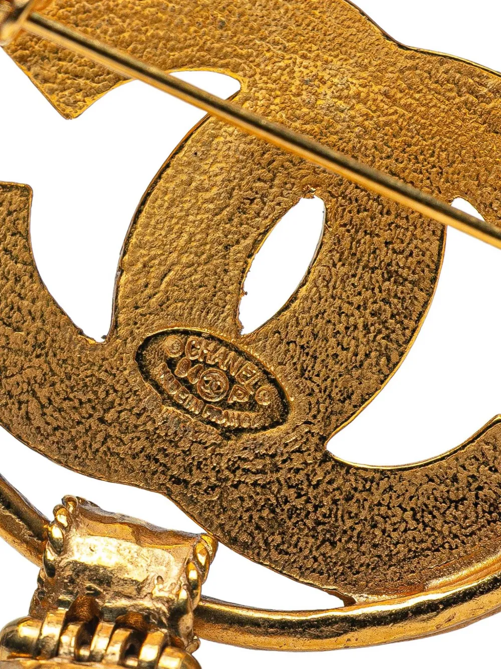 Pre-owned Chanel 1994 Cc Gold Plated Cross Dangle Brooch Costume Brooch
