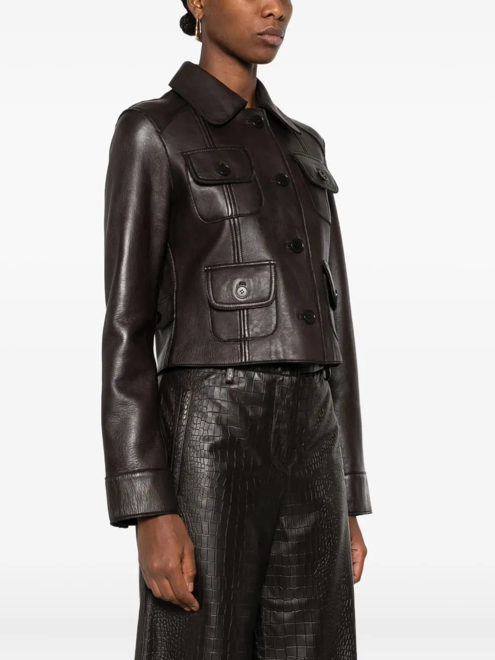 P.a.r.o.s.h Collared Leather Jacket Long Sleeves Flap Pockets In Brown