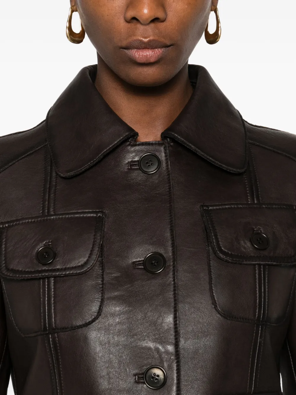 P.a.r.o.s.h Collared Leather Jacket Long Sleeves Flap Pockets In Brown