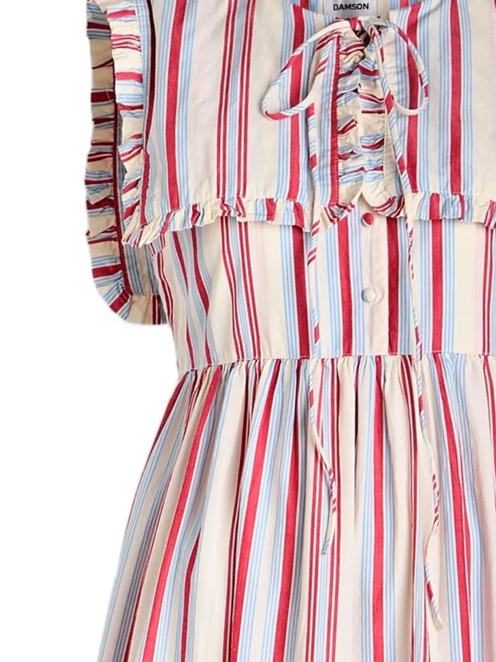 DAMSON MADDER Josephine gestreepte midi-jurk met ruchemouwen - Beige