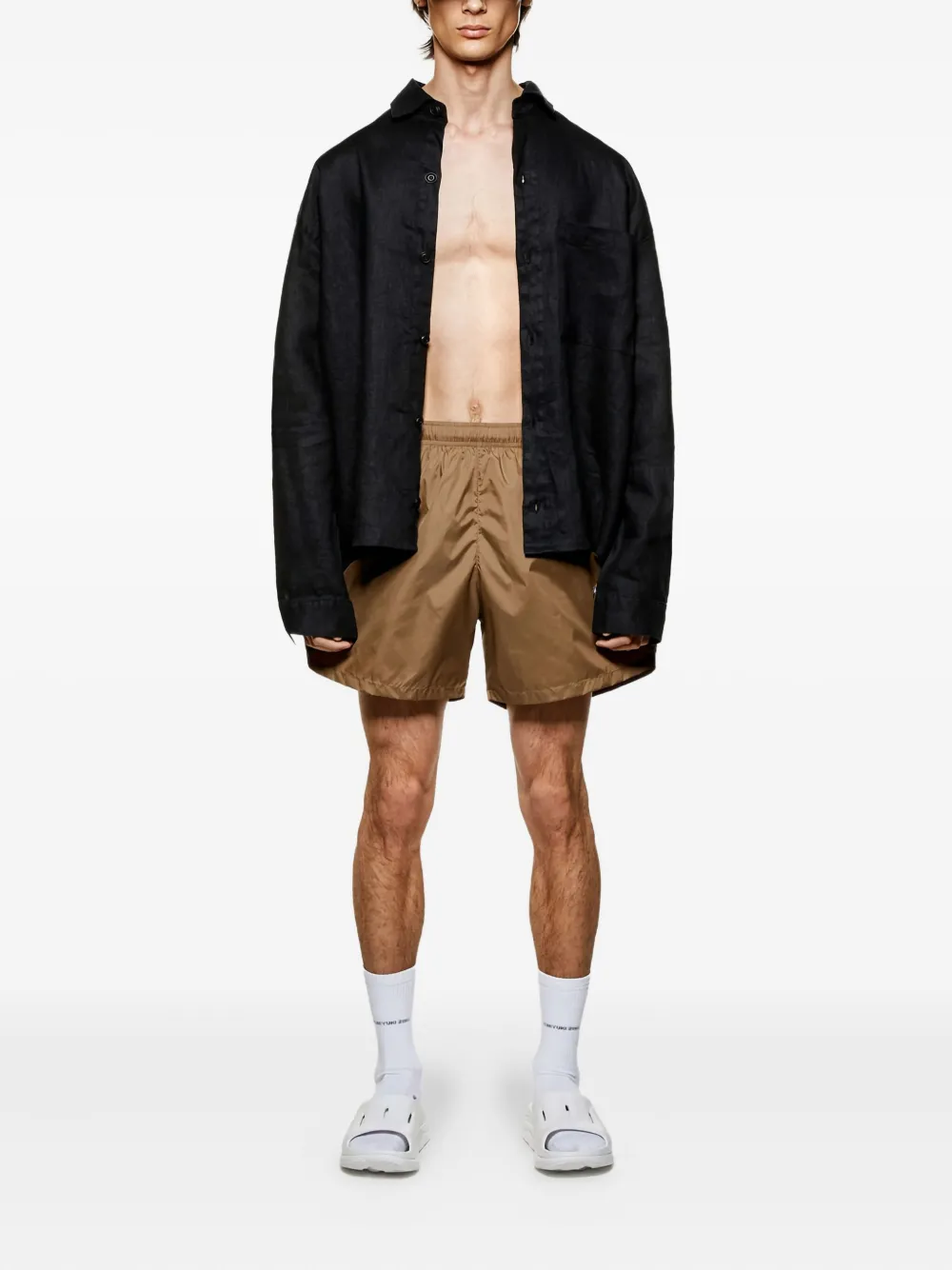 Mki Miyuki Zoku Logo Drawstring Swim Shorts In Brown