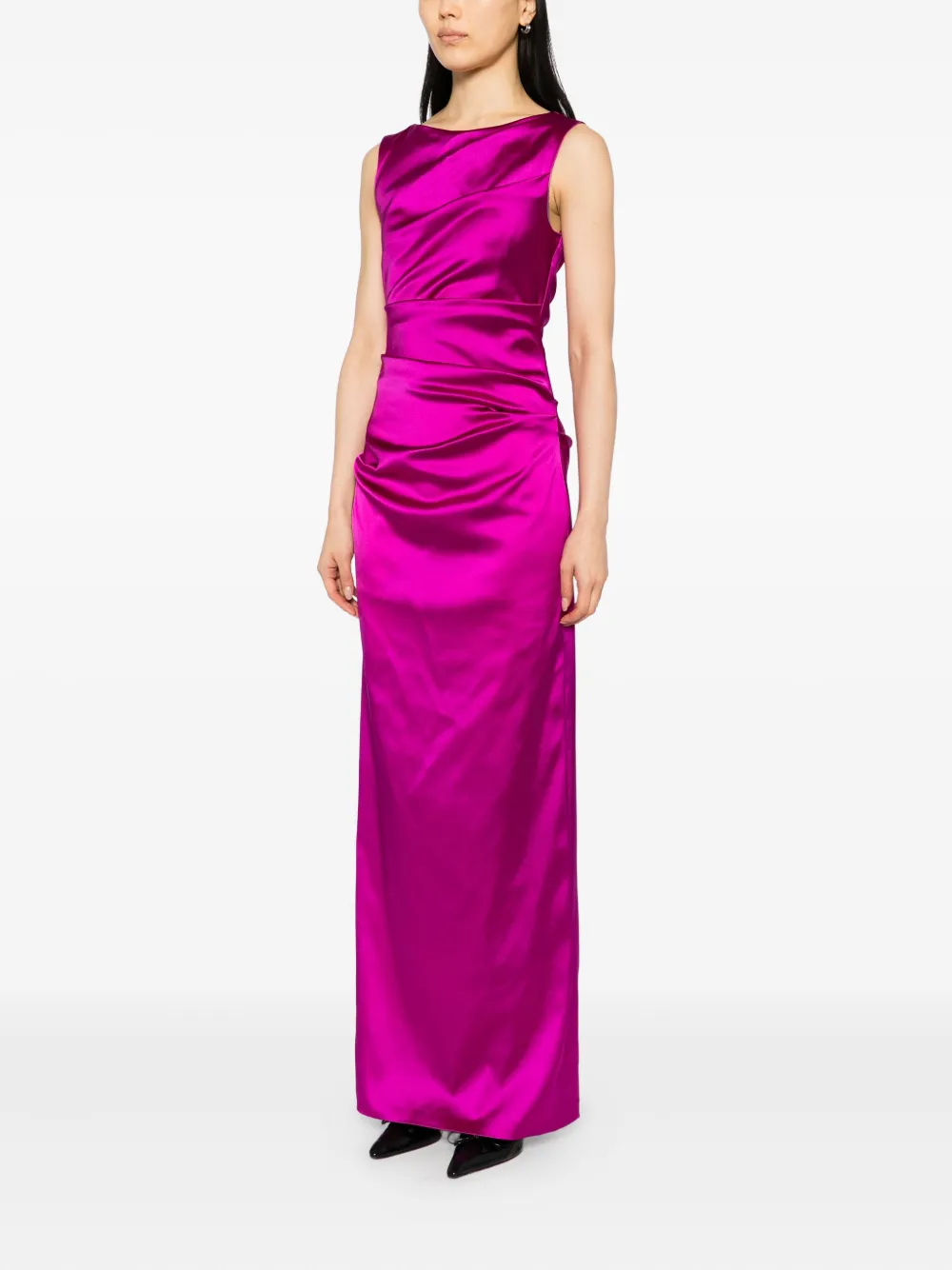 Talbot Runhof Duchesse Satin Ruched Maxi Dress In Purple
