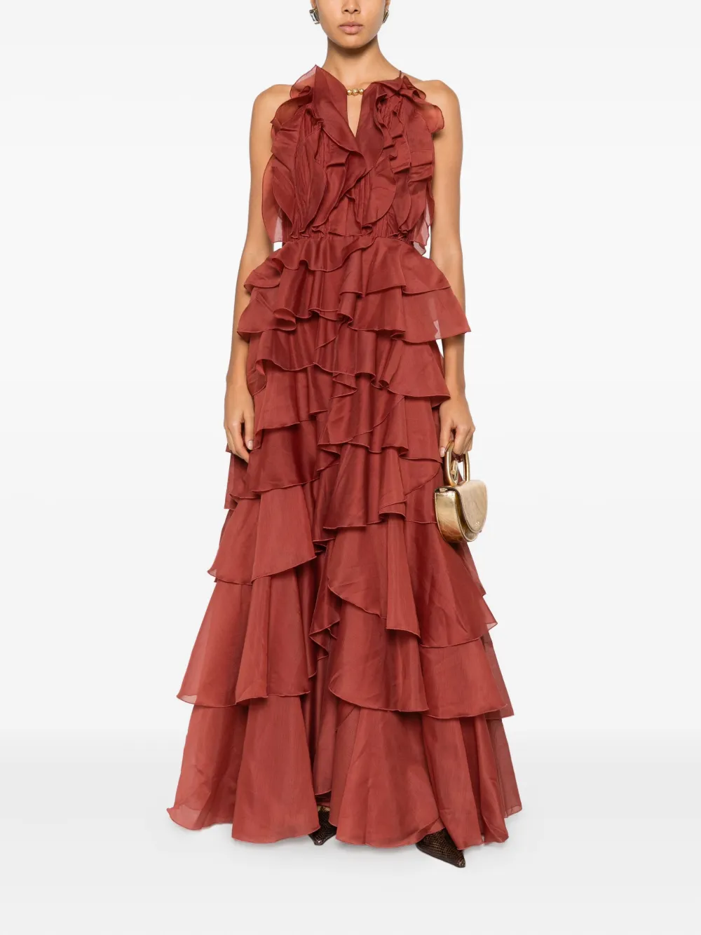 Aje Cleo Ruffled Tiered Maxi Dress In Brown