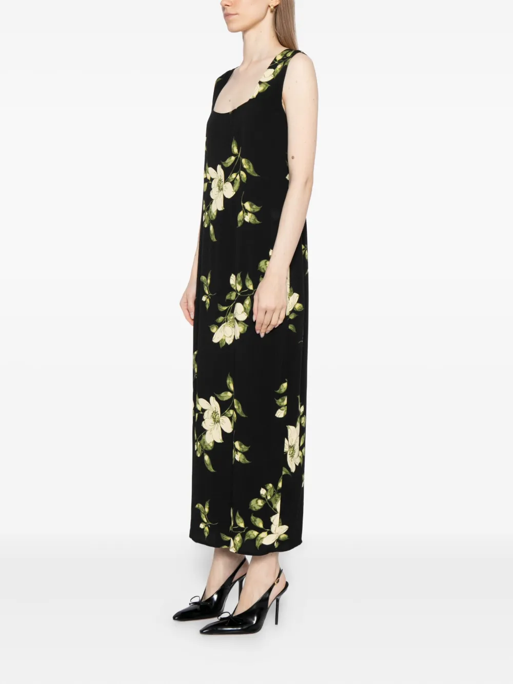 Reformation Vea Floral-print Crepe Midi Dress In Black